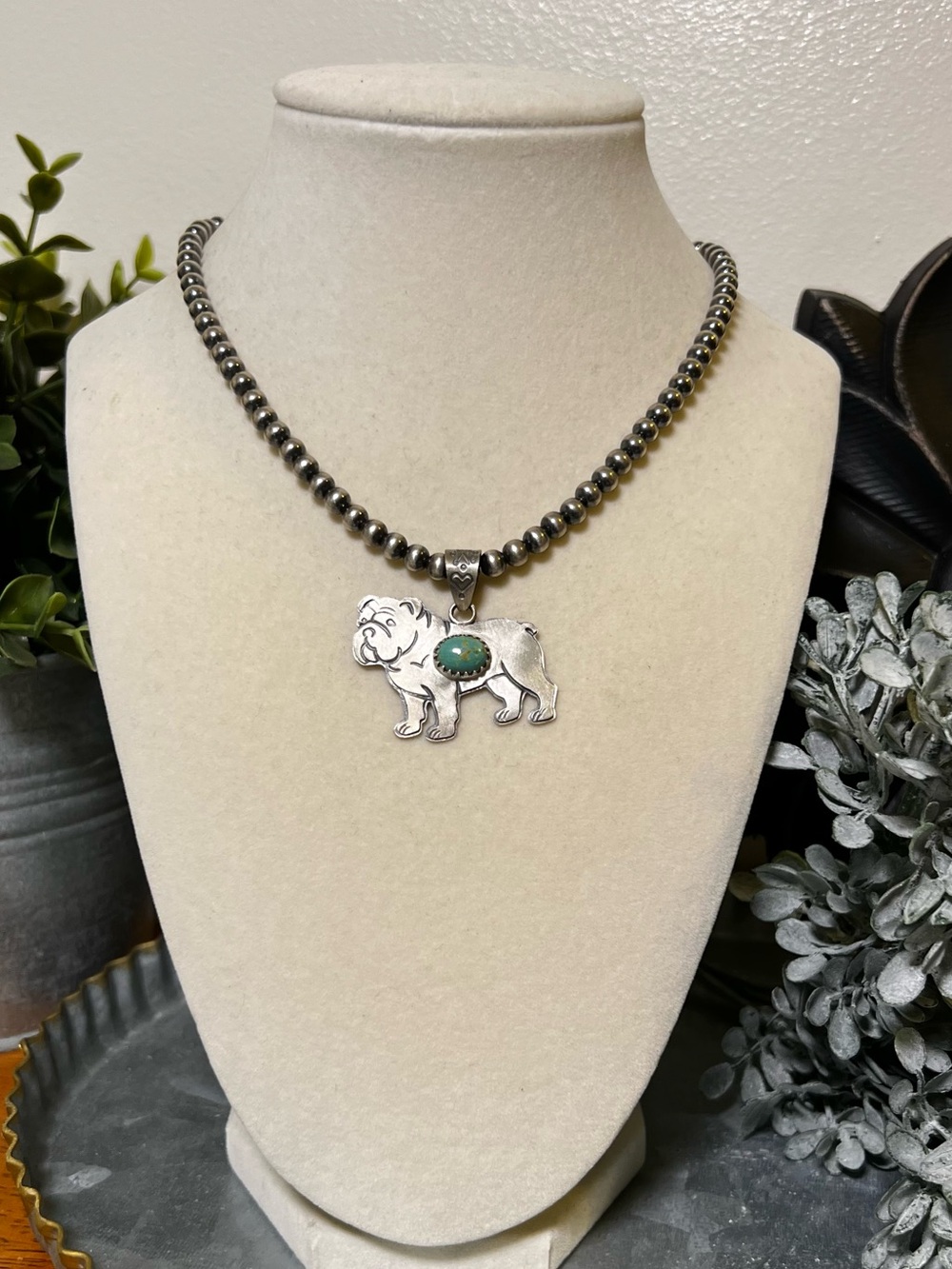 Sterling Silver Kingman Turquoise Bulldog Dog Pendant - Picture 7 of 10